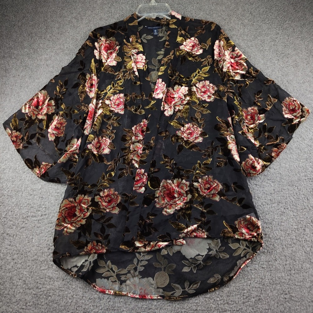 American Eagle Kimono Sz L/XL Floral Burnout Velvet Sheer Black Cottagecore EUC